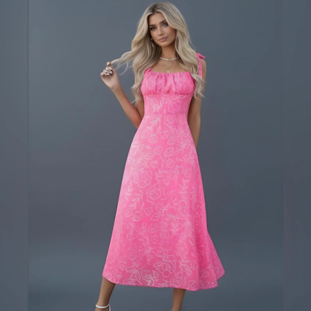 Last One 🔥 Pink Chiffon Floral Print Tie Shoulder Ruched Bust Cami Dress - Picture 2 of 8